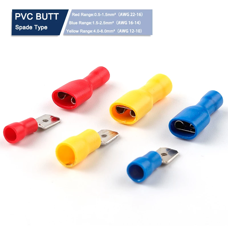 Durable Brass FDD/MDD 6.3mm Terminal Connectors with Vinyl Insulation Sleeves - Red, Blue, Yellow - Secure Spade Design for Reliable Electrical Connections - Wide Compatibility for Automotive, Household, Industrial Use - Easy Crimp Installation for Efficient Wiring Projects